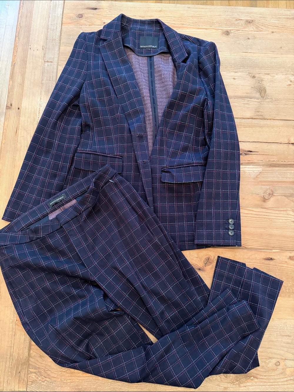 Banana Republic Navy Suit with Red Windowpane Check